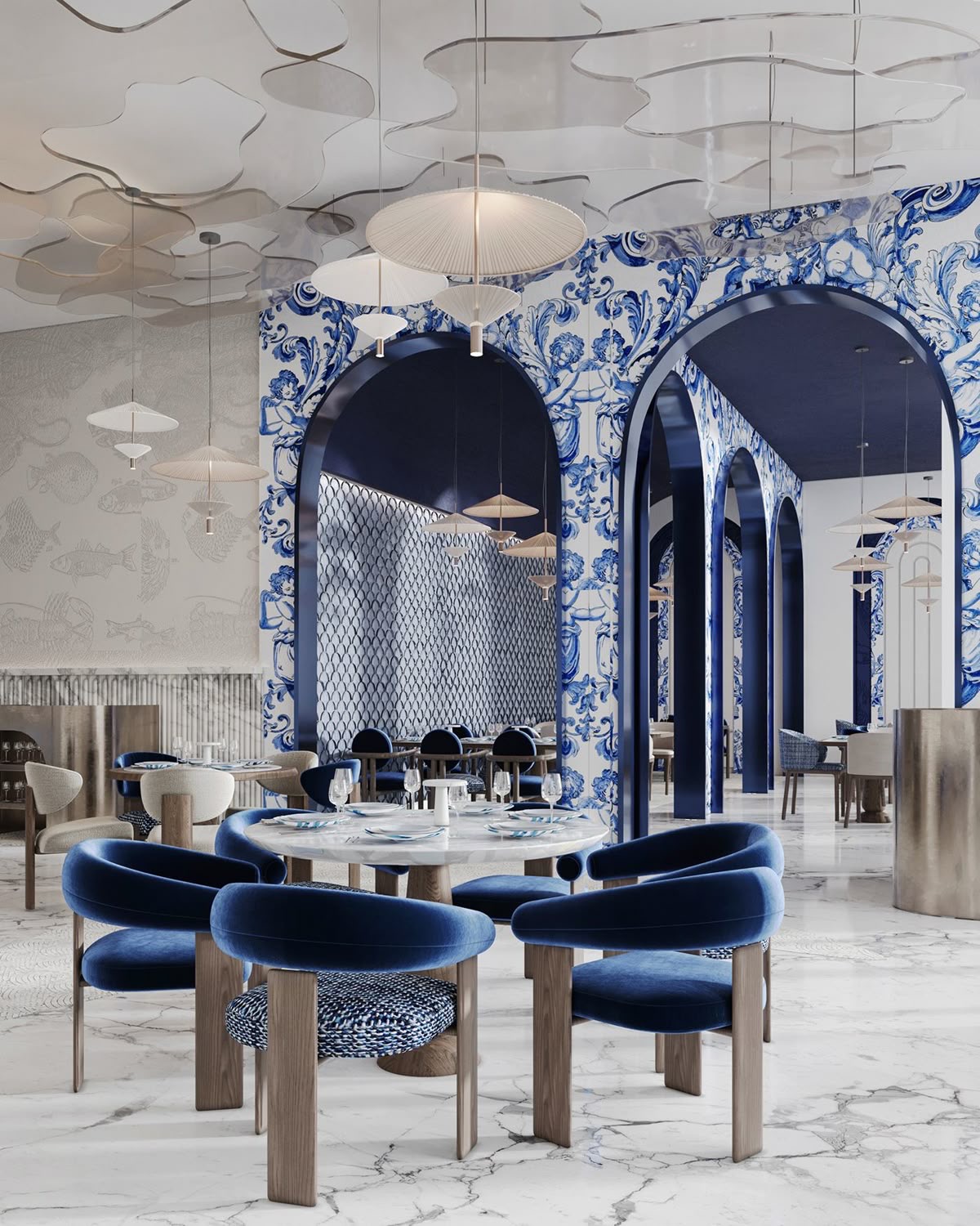 Fine-dining restaurant with blue-and-white tile arches, marble floors and velvet chairs