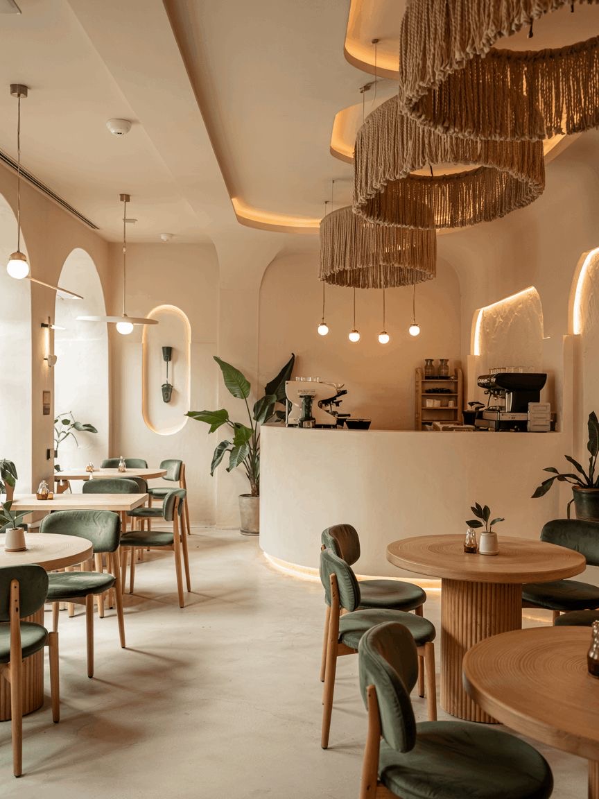 Minimalist café in warm plaster tones with timber tables and a tasselled chandelier