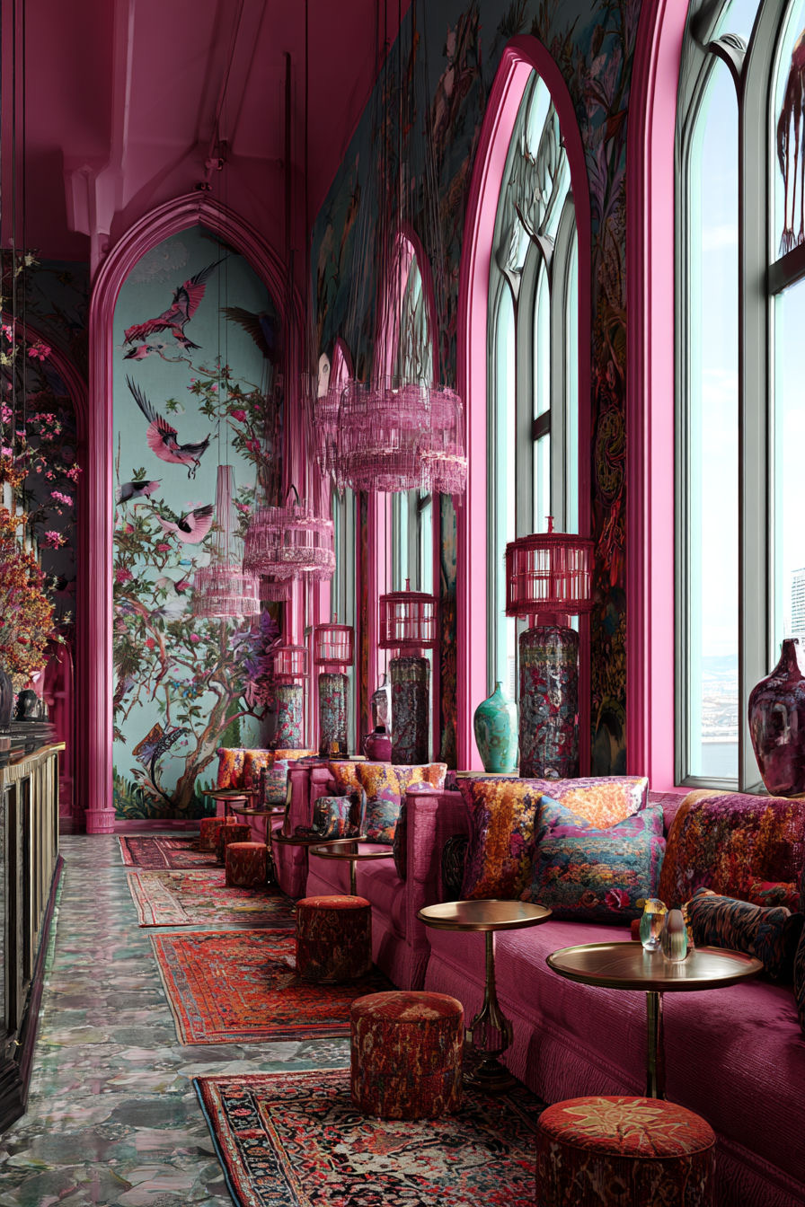 Dramatic rooftop lounge with magenta arches, patterned walls and city views