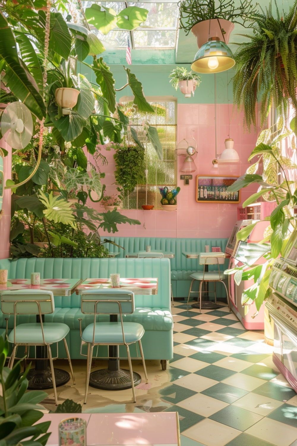 Playful pastel tea room in pink and mint with checkerboard floor and lush plants