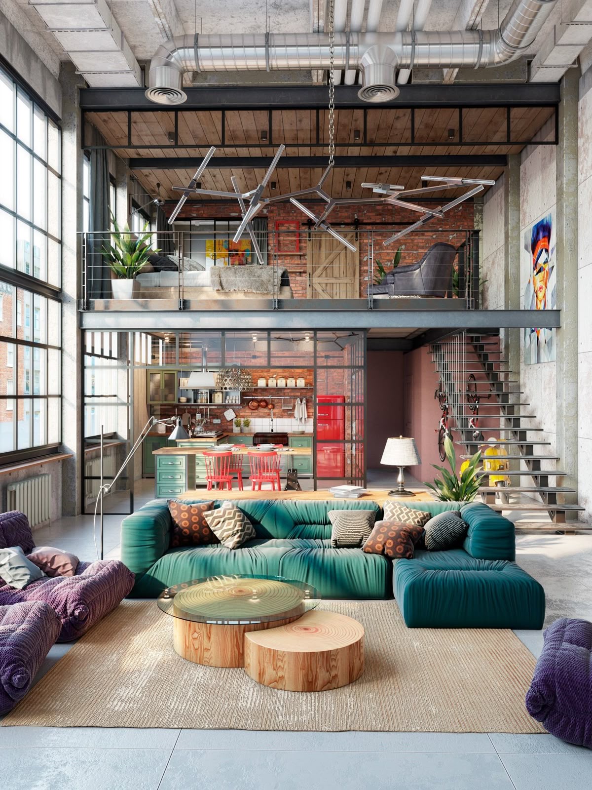 A double-height loft with a mezzanine, exposed brick and a teal modular sofa