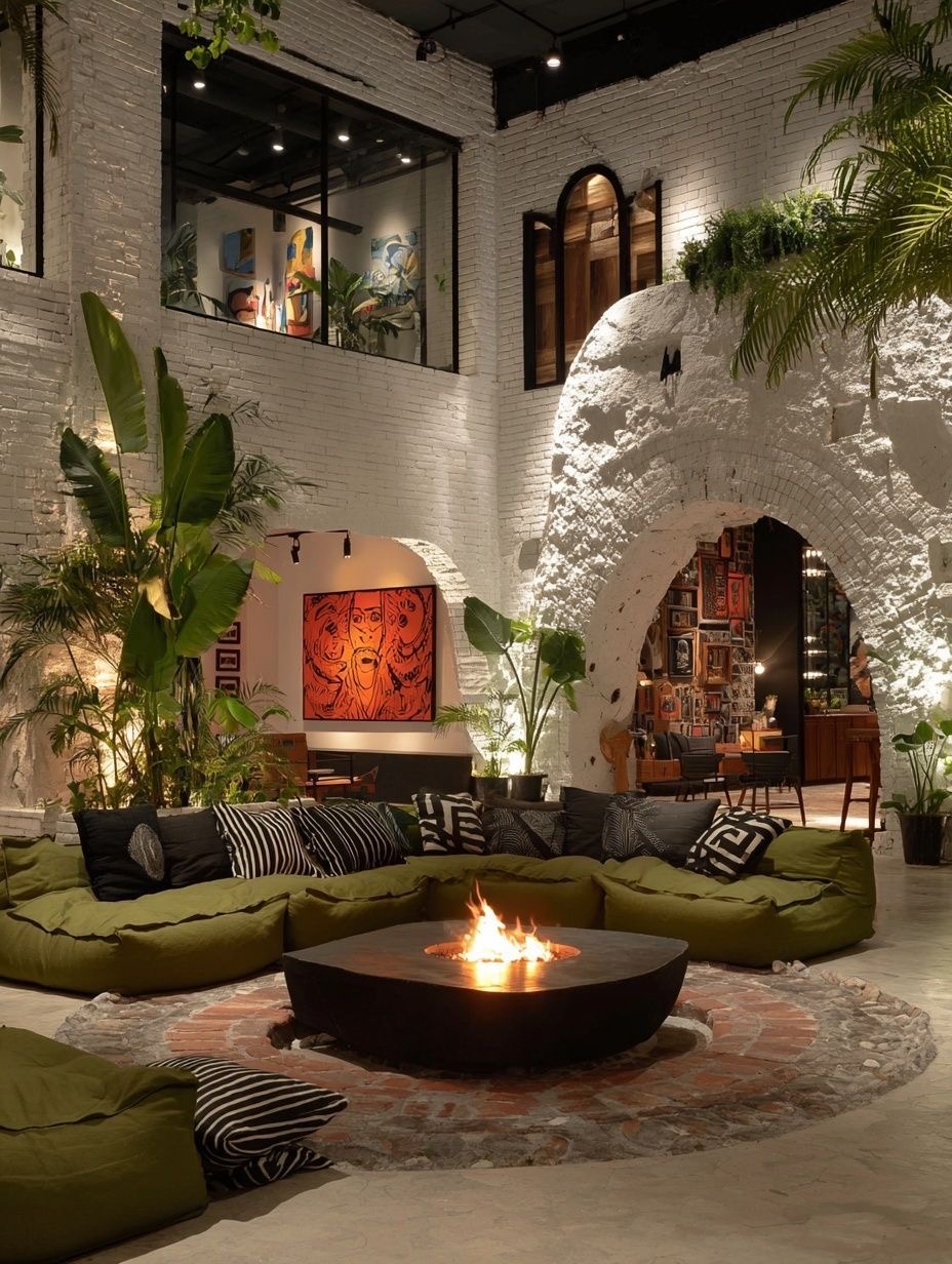Whitewashed courtyard lounge with a sunken firepit, floor cushions and tropical planting